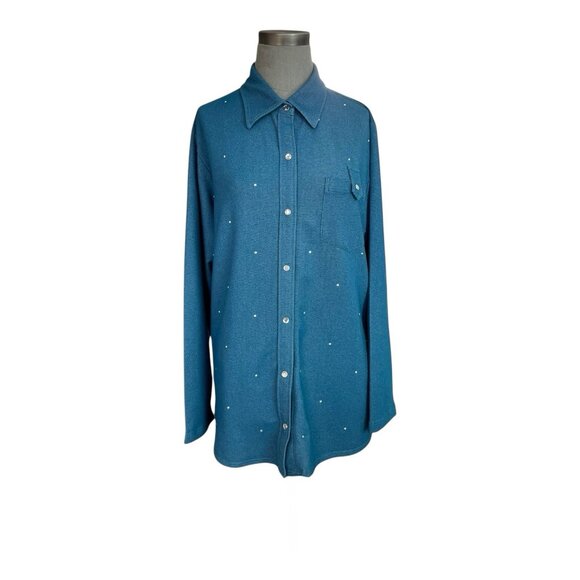 Quacker Factory Knit Denim Button Up Shirt Teal Blue Stretch Rhinestones Top L - Picture 3 of 8